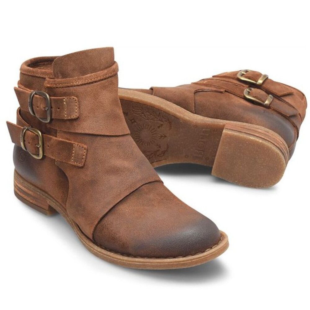 Born Moraga Ankle Boots Size 7 Brown Suede Leather Buckle Zip Boho Comfort NEW